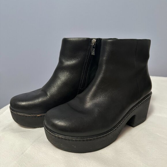 Fitflop Women's Pilar Leather Ankle Boots 7 Black Platform Chunky Heel Booties - Picture 2 of 11